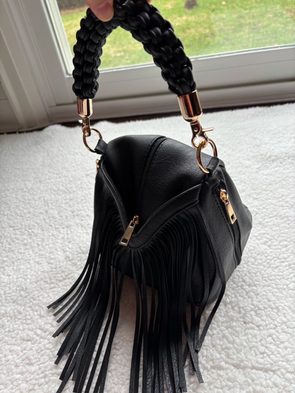 Cleo Brand Black Fringe Top Woven Handle Rockstar Vegan Leather Bag